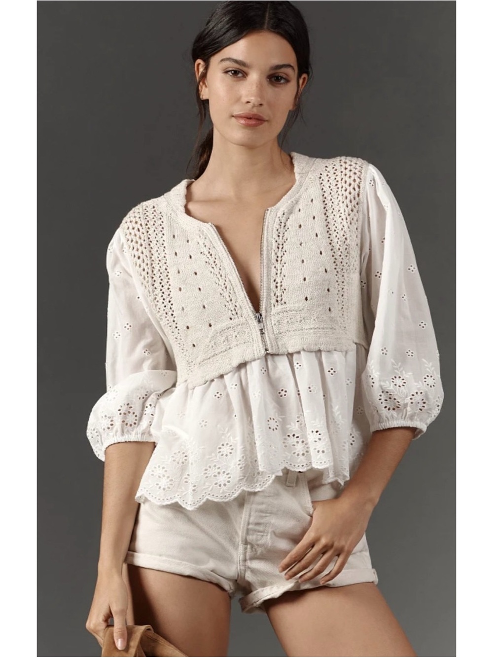 Women's Cream Eyelet Peasant Top - Brand: Anthro